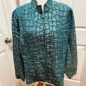 Erin London Blue Green Crocodile Textured Jacquard Zip Front Jacket 1X Bold‎